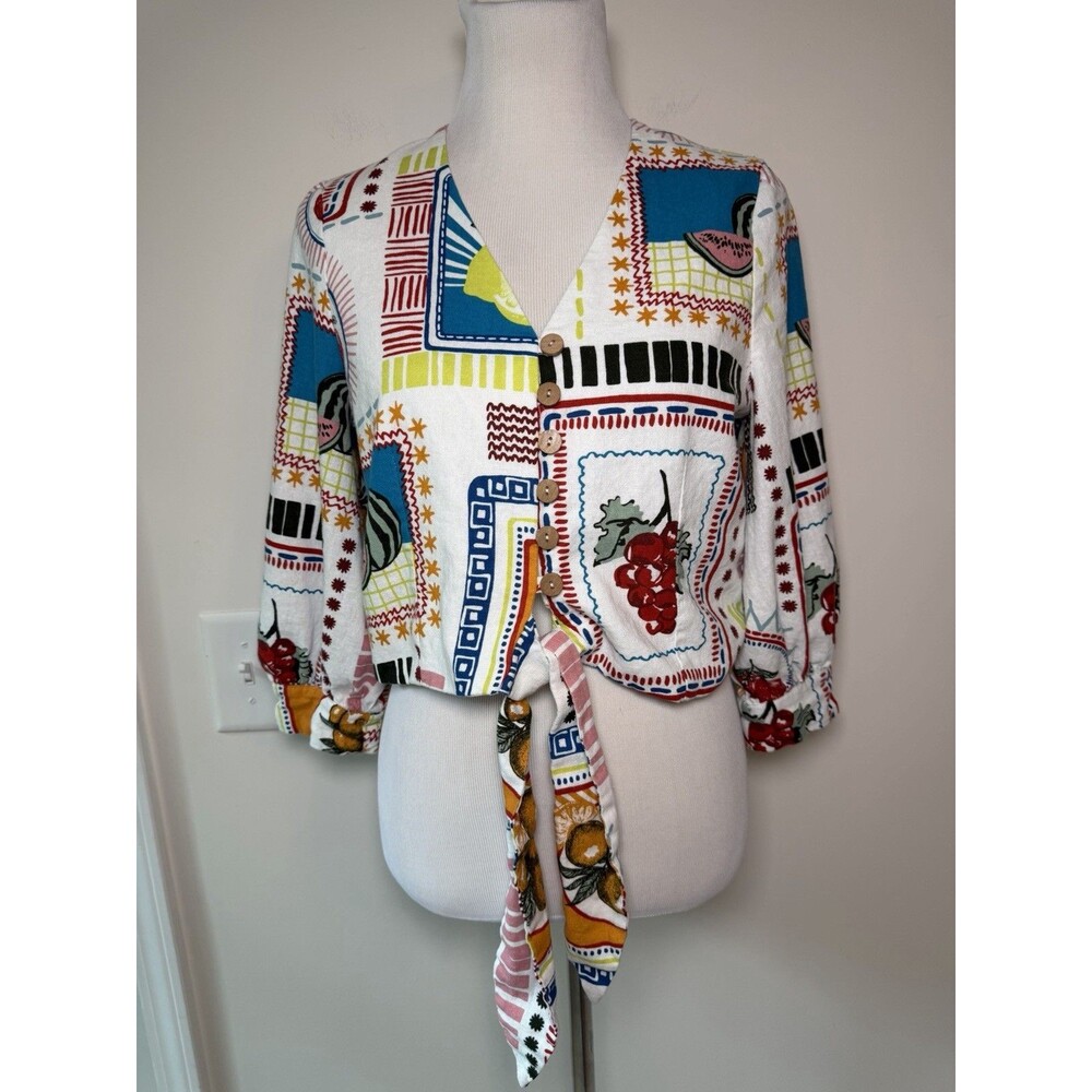Joie Linen Blend Colorful Top Women’s Medium Tie Front Boho